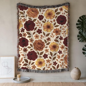 Floral Woven Blanket, Vintage-Inspired Cotton Throw Blanket with Fringe, Cozy Autumn Tapestry for Sofa or Bed