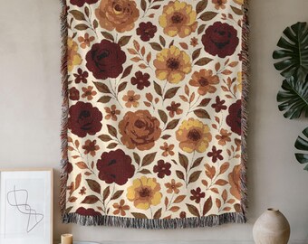 Fall Floral Woven Blanket, Vintage-Inspired Cotton Throw with Fringe, Cozy Autumn Tapestry for Sofa or Bed