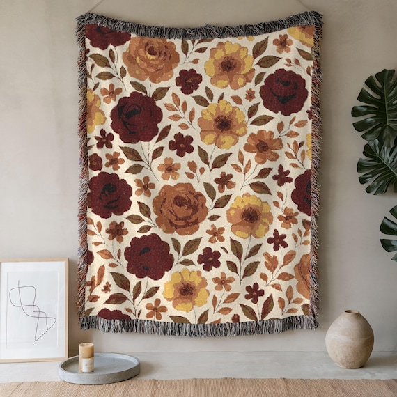 Fall Floral Woven Blanket, Vintage-Inspired Cotton Throw with Fringe, Cozy Autumn Tapestry for Sofa or Bed