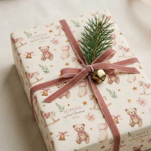 Personalized Baby’s First Christmas Wrapping Paper Pink Teddy Bear Gift Wrap Custom Name Baby Girl Christmas Paper