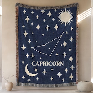 Zodiac Sign Celestial Woven Blanket, Starry Night Throw with Constellation Design, Astrology Gift for Her, Horoscope Home Decor, Couch Throw