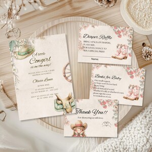 Paquete de invitaciones para baby shower de vaquera pequeña, plantilla campestre, invitación para bebé del oeste, descarga instantánea, editable, personalizable, kit digital.