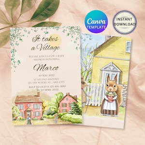 It takes a Village Baby Shower Invitation Suite, Country template, Baby invite, Instant Download, Editable, Customizable, Digital Kit