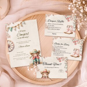 Paquete de invitaciones para baby shower de vaquera pequeña, plantilla campestre, invitación para bebé del oeste, descarga instantánea, editable, personalizable, kit digital.