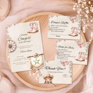 Paquete de invitaciones para baby shower de vaquera pequeña, plantilla campestre, invitación para bebé del oeste, descarga instantánea, editable, personalizable, kit digital.