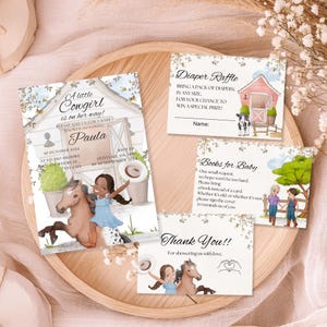 Paquete de invitaciones para baby shower de vaquera pequeña, plantilla campestre, invitación para bebé occidental, descarga instantánea, editable, personalizable, imprimible.