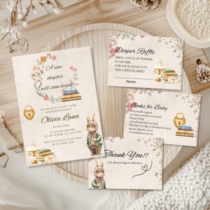 Pronto comenzará un nuevo capítulo. Paquete de invitación para baby shower, plantilla editable, invitación para bebé con temática de libro, descarga instantánea, género neutro.