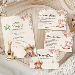 Paquete de invitaciones para baby shower de vaquera pequeña, plantilla campestre, invitación para bebé del oeste, descarga instantánea, editable, personalizable, kit digital.