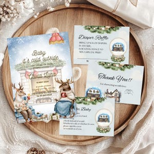 ¡Hace frío afuera! Paquete de invitaciones para baby shower de invierno, plantilla editable en Canva, género neutro, descarga instantánea, invitación navideña.