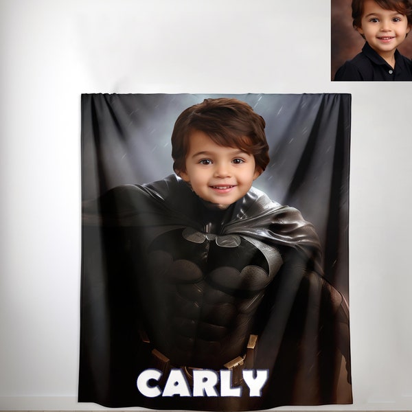 Kids Superhero Blanket, Personalized Portrait  Kids Blanket, Custom Blanket For Boys And Girls, Custom Hero Baby Name Sherpa Throw Blanket