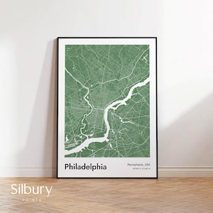 Philadelphia Karte Drucken, Philadelphia Street Map Poster, grüne Farbe Karte von Philly, USA Reise-Druck, Mitte des Jahrhunderts moderne Büro Wandkunst