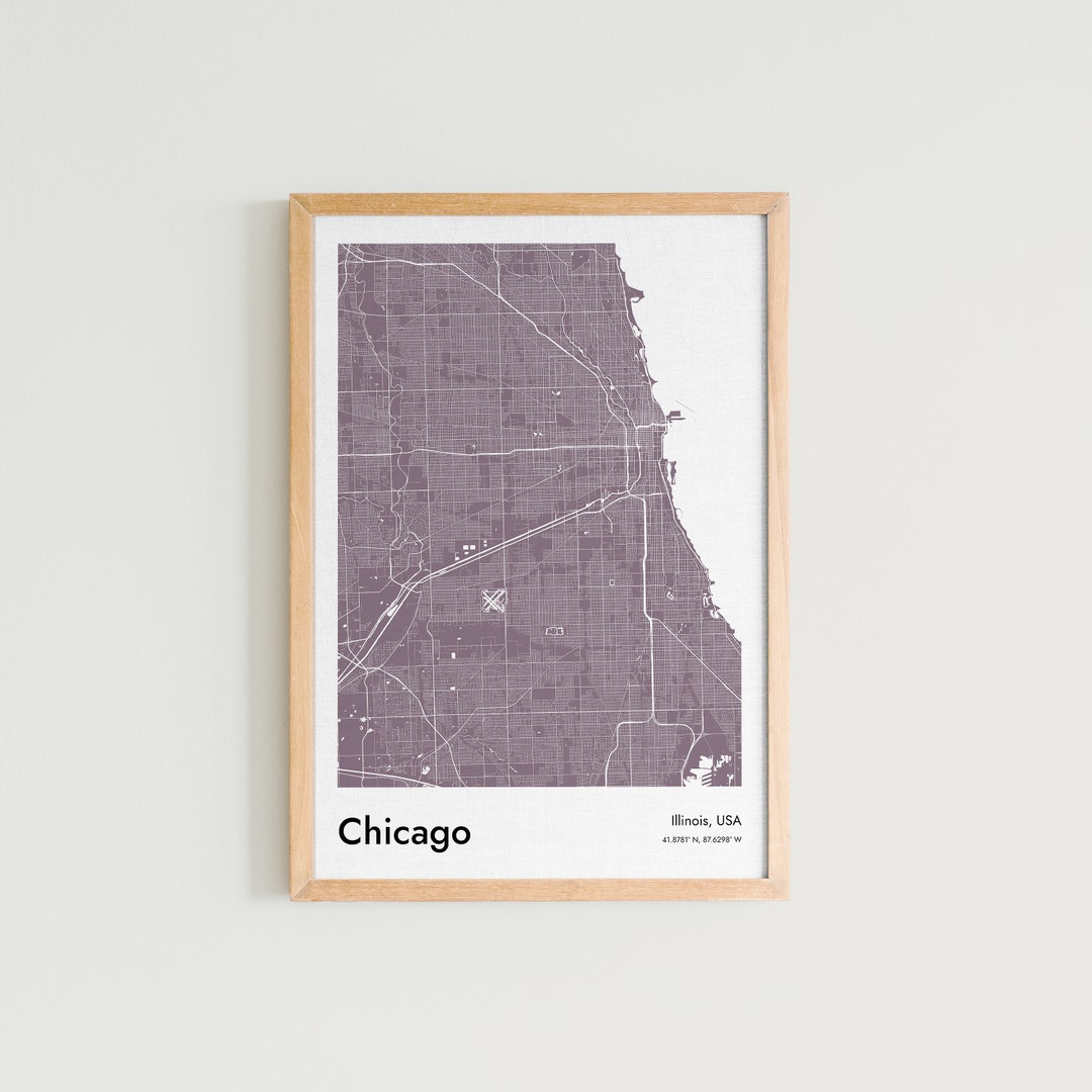Chicago Map Print, Chicago Street Map Poster, Purple Color Map of ...