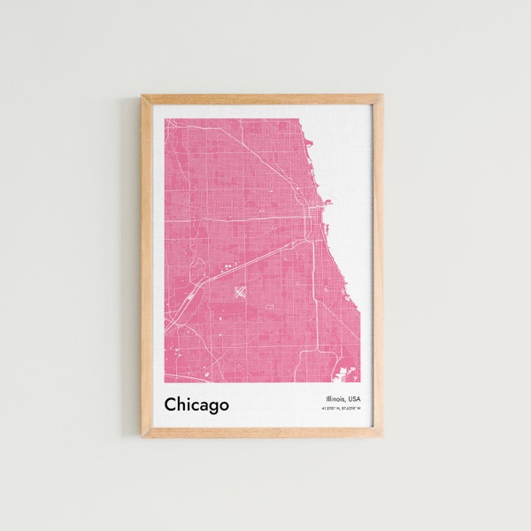 Chicago Map Print, Chicago Street Map Poster, Pink Color Map of Chicago , USA Travel Print, Mid Century Modern Office Wall Art