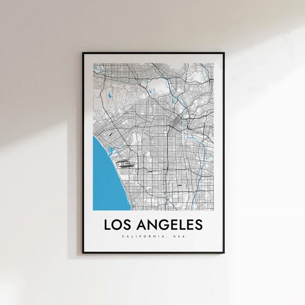 Los Angeles Map Print, LA Street Map Poster, Map of Los Angeles Wall Art, Los Angeles Travel Print Bedroom Decor, Minimalist Office Wall Art