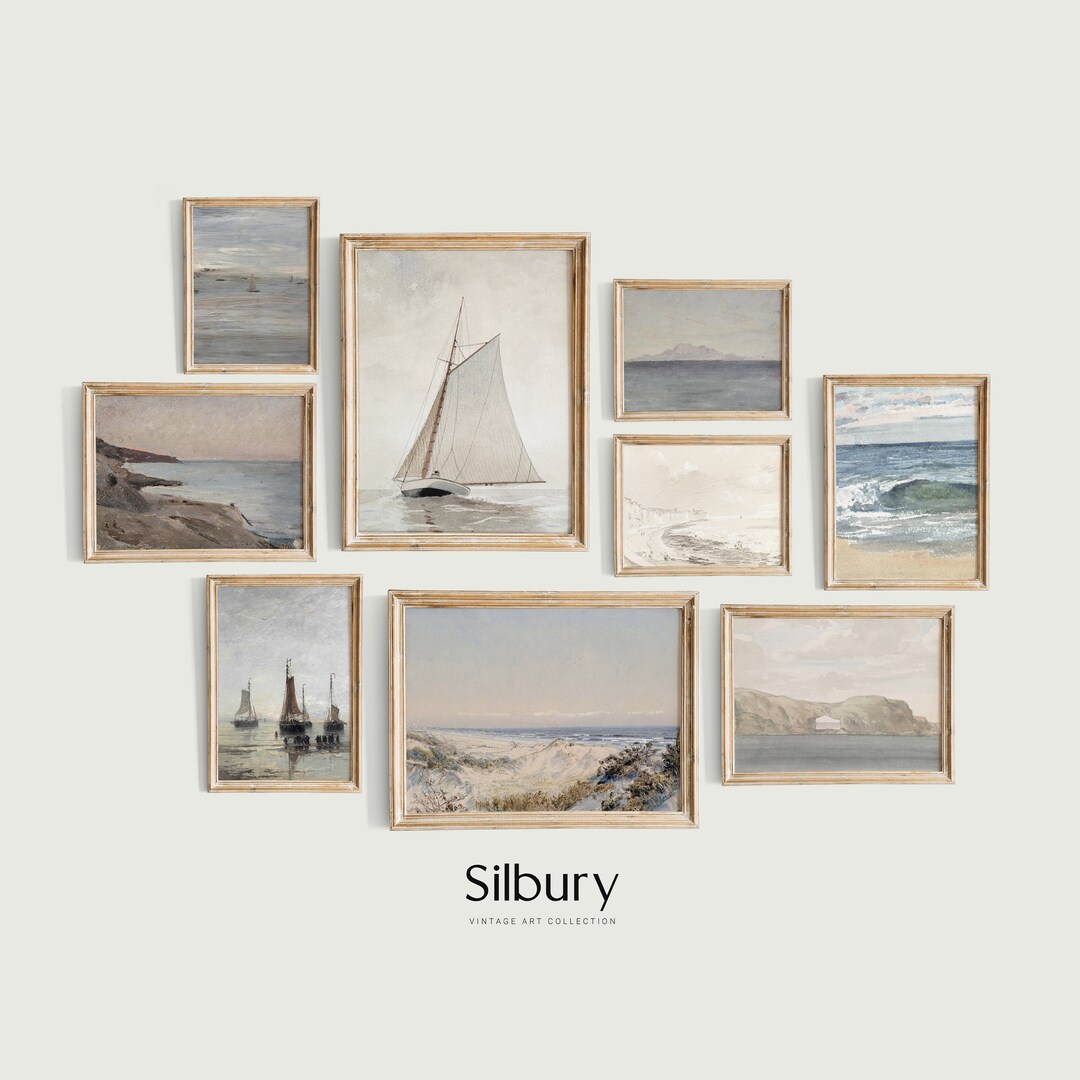 Vintage Coastal Gallery Wall Art SET of 9 Sailboat Beach Etsy