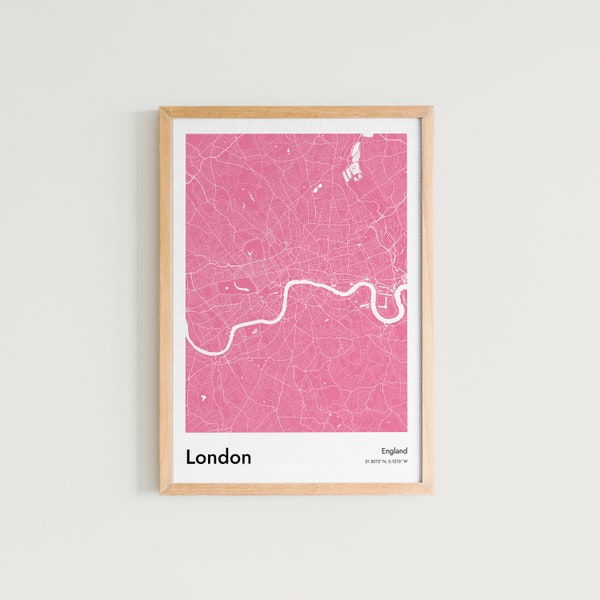 London Map Print, London Street Map Poster, Pink Map of London, London Travel Print Bedroom Decor, Mid Century Modern Office Wall Art