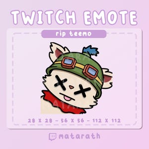 以下が含まれることがあります： Twitchの絵文字。目がバツになっている漫画のキャラクターが、ゴーグル付きの緑色のヘルメットと赤い襟を着用しています。「TWITCH EMOTE」と「rip teemo」の文字が上部にあります。画像にはサイズと透かしが含まれています。