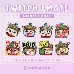 以下が含まれることがあります： さまざまな表情の漫画のキャラクターが登場するTwitch絵文字のパック。キャラクターは緑の帽子と赤いスカーフを着用しています。絵文字には、泣いている顔、怒っている顔、ハートの目があります。テキストには「TWITCH EMOTE」と「teemote pack！」が含まれています。