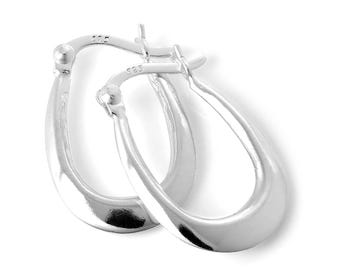 May include: A pair of polished silver hoop earrings in a teardrop shape. The earrings have a smooth, reflective surface and a simple design. The metal is stamped with "925".