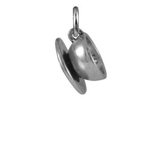 May include: A polished silver-toned metal charm shaped like a small teacup resting on a matching saucer. The charm features a rounded cup body and a circular saucer base, with a small integrated jump ring at the top for attachment to a chain.