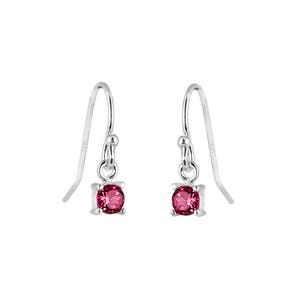 May include: A pair of silver drop earrings featuring a small, round, pink gemstone. The earrings have a simple hook design. The gemstones are a vibrant pink colour, adding a touch of elegance.