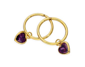 Pendientes de aro con forma de corazón de oro de 9 quilates y cristal de circonita cúbica morada