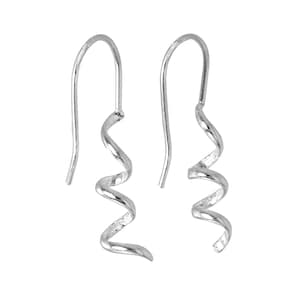 May include: A pair of silver earrings. Each earring has a curved hook and a spiral design. The spiral section of the earrings has a wavy, zig-zag pattern. The earrings are shown against a white background.