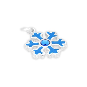 May include: A silver-toned snowflake charm featuring bright blue enamel inlay on each of its six branches. The center of the snowflake is adorned with a single, round, faceted blue gemstone that catches the light, attached to a small silver jump ring.