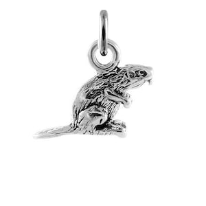 May include: A silver-toned metal charm shaped like a beaver in a seated position, featuring detailed fur texture, a flat tail, and a small circular jump ring at the top for attachment. The charm has a polished finish and a three-dimensional design.