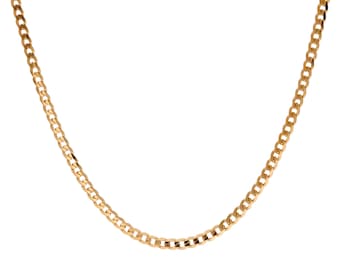 May include: A gold-colored curb chain necklace. The chain is made of interlocking links, creating a smooth, continuous loop. The necklace is displayed against a white background, highlighting its warm, metallic tone. This jewelry piece is suitable for everyday wear.
