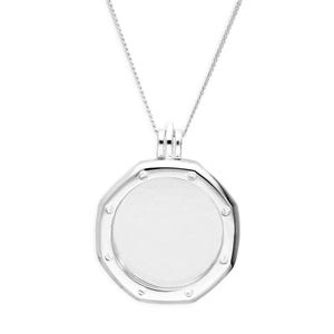 May include: A silver-colored pendant necklace with an octagonal frame and a circular center. The pendant is suspended from a delicate chain. The frame has small, decorative rivets. The necklace is displayed against a white background.