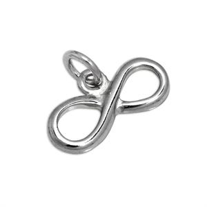 May include: A polished silver-toned metal charm in the shape of an infinity symbol. The charm features a smooth, continuous loop design with a small circular jump ring attached to the top, allowing it to be easily suspended from a chain or cord.
