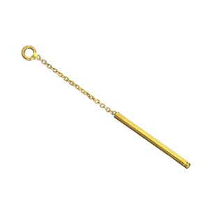 May include: A gold-toned metal jewelry component consisting of a small circular jump ring connected to a delicate link chain, which terminates in a slender, solid cylindrical bar pendant. The entire piece features a polished, reflective finish.