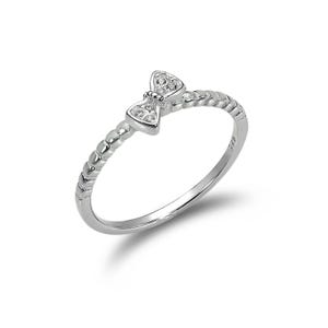 May include: A silver ring with a bow-shaped design, adorned with clear, sparkling stones. The band has a textured, beaded pattern. The ring is set against a white background, highlighting its delicate details and elegant style.