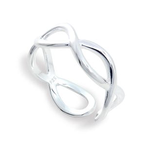May include: A silver ring featuring an open, intertwined infinity symbol design. The ring is made of a shiny metal with a smooth, polished surface. The ring is a size 925.