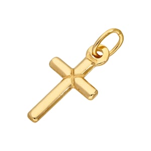 May include: A gold-coloured cross pendant with a small loop for attaching to a chain. The cross has a simple, classic design with rounded edges. The pendant is likely made of gold or a gold-coloured metal.