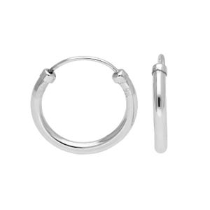 May include: Two silver hoop earrings. One earring is open, displaying the full circular shape. The other earring is closed, showing the post. Both earrings are highly reflective, with a smooth, polished surface. The background is plain white.