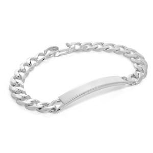 May include: A silver curb chain bracelet with a rectangular plate. The bracelet is made of shiny, polished metal and features a secure clasp. The plate is smooth and could be engraved.