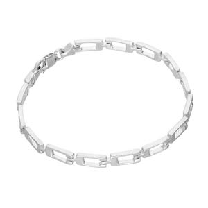 May include: A silver bracelet with a series of rectangular links. The links are joined to create a flexible chain. The bracelet has a secure clasp. The design is simple and modern, suitable for everyday wear. The bracelet is approximately 20 cm in length.
