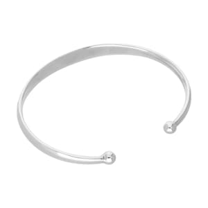 May include: A silver-coloured open cuff bracelet. The bracelet has a smooth, polished finish and features rounded ball-shaped ends. The design is simple and elegant, suitable for everyday wear. The bracelet is a single, continuous band.
