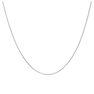 May include: A silver box chain necklace. The chain is composed of small, square links, forming a smooth, continuous surface. The necklace is set against a white backdrop.