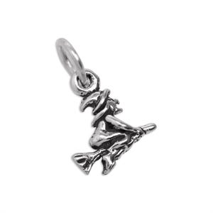 May include: A small, silver-toned metal charm depicting a figure wearing a pointed hat and riding a broomstick. The charm features an oxidized finish to highlight the sculpted details of the figure and includes a circular jump ring at the top.