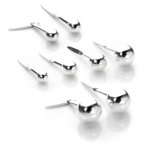 May include: A collection of silver-colored earring findings, each with a rounded ball and a slender, pointed post. The findings are arranged on a white surface, with some angled to show their design.