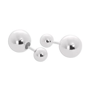 May include: Two pairs of silver-colored double-sided ball earrings. Each earring features a small ball connected to a larger ball by a thin post. The earrings are reflective and appear to be made of polished metal.