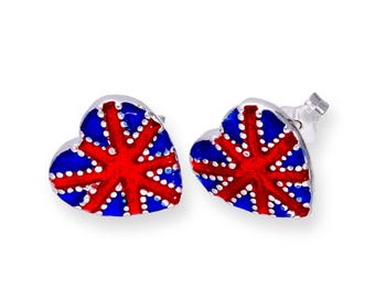 Sterling Silver & Enamel Union Jack Heart Stud Earrings