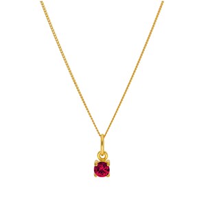 May include: A gold necklace with a fine chain and a pendant holding a round, bright red gemstone. The pendant is set in a gold bezel, offering a classic and elegant appearance. The necklace is shown against a white backdrop.