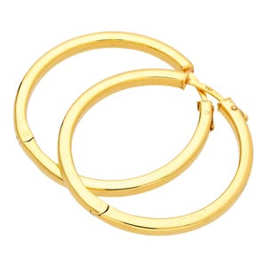 Può includere: Un paio di orecchini a cerchio dorati. Gli orecchini sono di un colore oro brillante e lucido e hanno un design semplice e classico. I cerchi sono rotondi con una superficie piatta e una chiusura a cerniera.