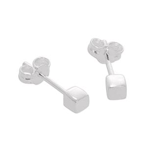 Könnte beinhalten: Zwei silberfarbene Ohrstecker. Jeder Ohrring hat einen Stecker und ein kleines, quadratisches Design. Die Ohrringe werden vor einem weißen Hintergrund gezeigt, was ihr schlichtes, modernes Design hervorhebt. Diese Ohrringe sind für den Alltag geeignet.