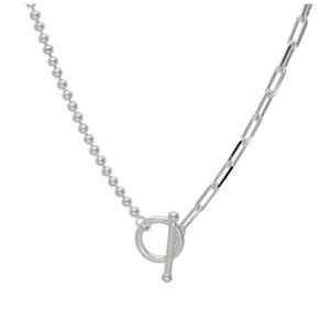 May include: A silver necklace with a toggle clasp. The design incorporates a beaded chain and a rectangular link chain. The toggle clasp features a circular ring and a straight bar.
