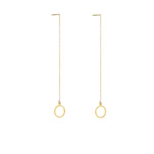 May include: A pair of gold-toned threader earrings, each featuring a long, delicate chain that suspends a simple, circular hoop pendant at the bottom. The design is symmetrical, showcasing a polished metallic finish on both the chain and the ring.